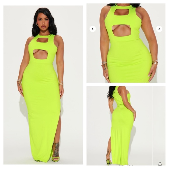 Fashion Nova Maria Cut Out Neon Lime Green Maxi Slit Dress New w Tag Size Medium - Picture 1 of 6